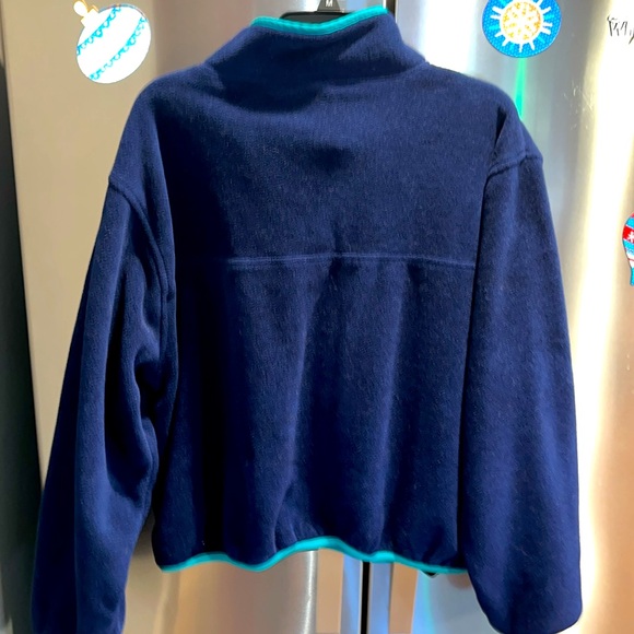 LL Bean BLUE FLEECE jacket aqua trim PULLOVER 4 snap neck, Mens 2XL side pockets - Picture 2 of 15